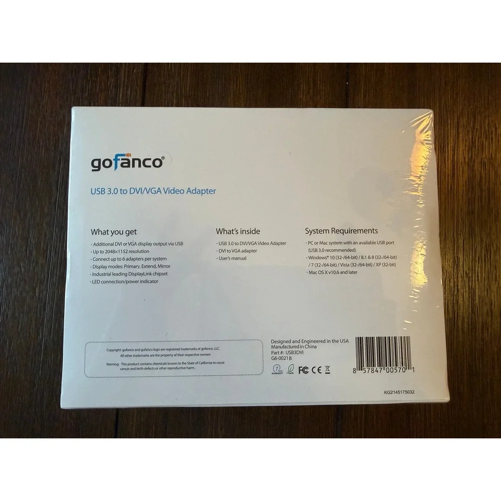 Gofanco USB 3.0 to DVI VGA Video Adapter DisplayLink 2048x1152 USB3DVI G6-0021B